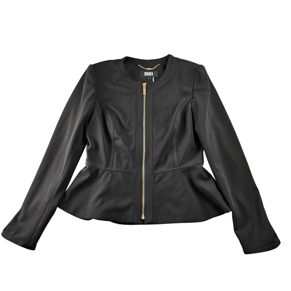 DKNY Jacket Women's 4 Black Stretch Regular Fit Long Sleeve Peplum-Hem Full-Zip